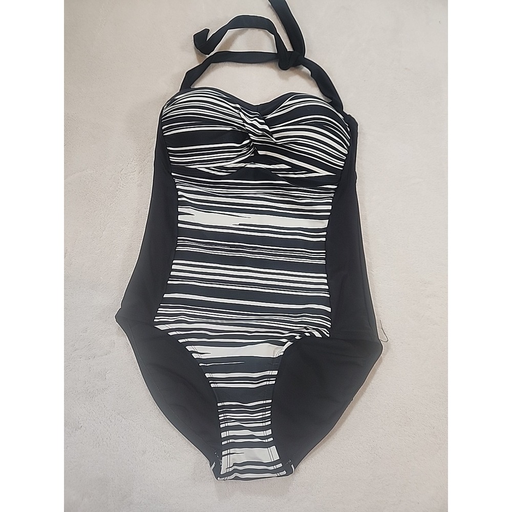 Merona Black/White One Piece Swimsuit sz S Flattering Lines Halter Neckties